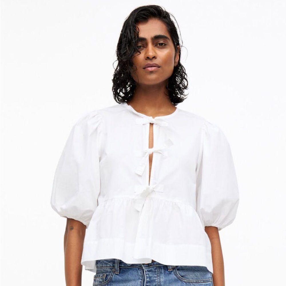 Ganni White Puff Sleeve Top